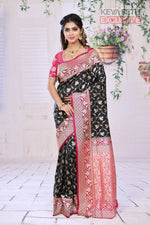 Load image into Gallery viewer, Black Semi Katan Saree with Dual Tone Pink Border - Keya Seth Exclusive