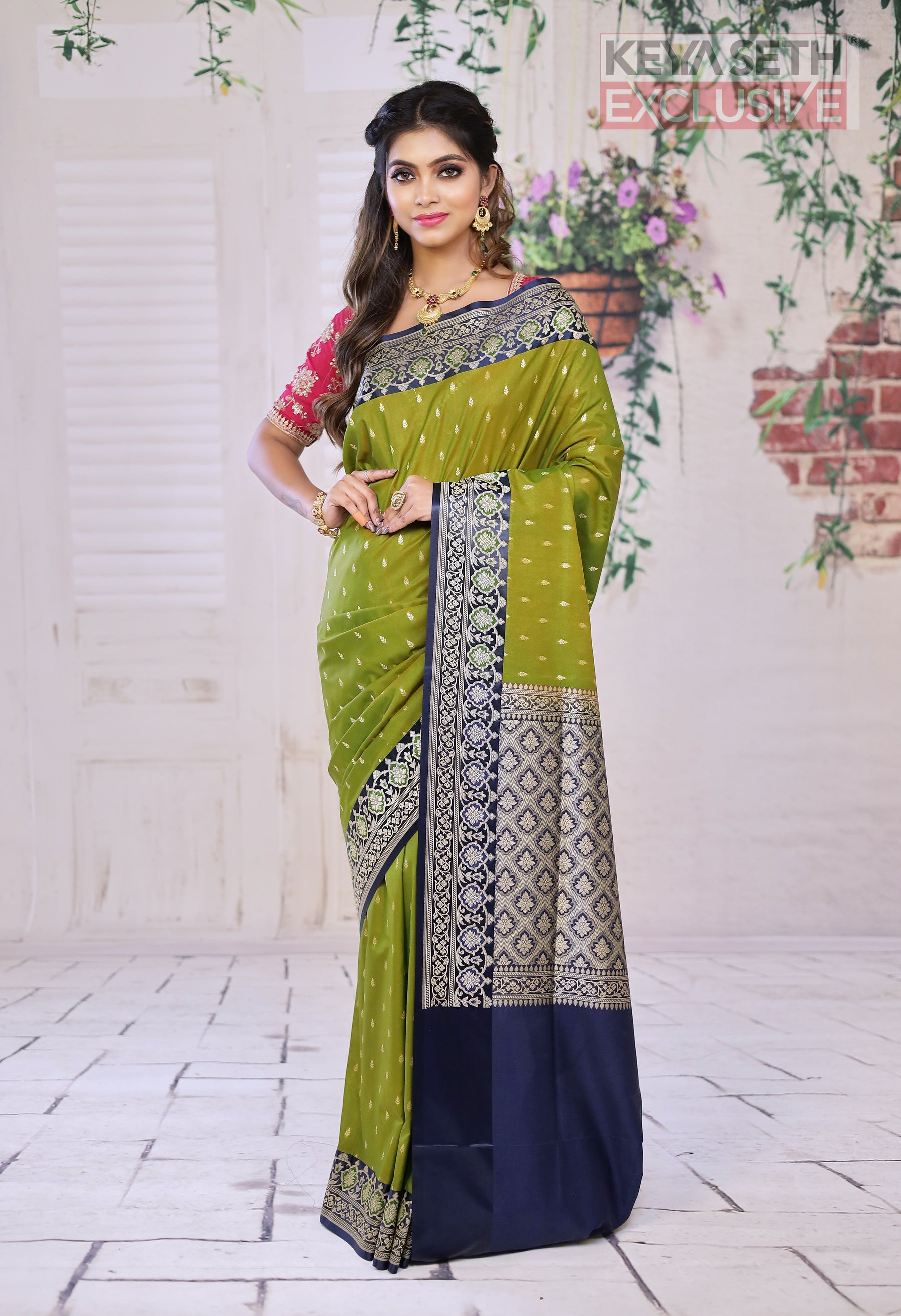 Double Tone Green Semi Katan Silk Saree with Blue Border - Keya Seth Exclusive