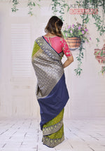 Load image into Gallery viewer, Double Tone Green Semi Katan Silk Saree with Blue Border - Keya Seth Exclusive