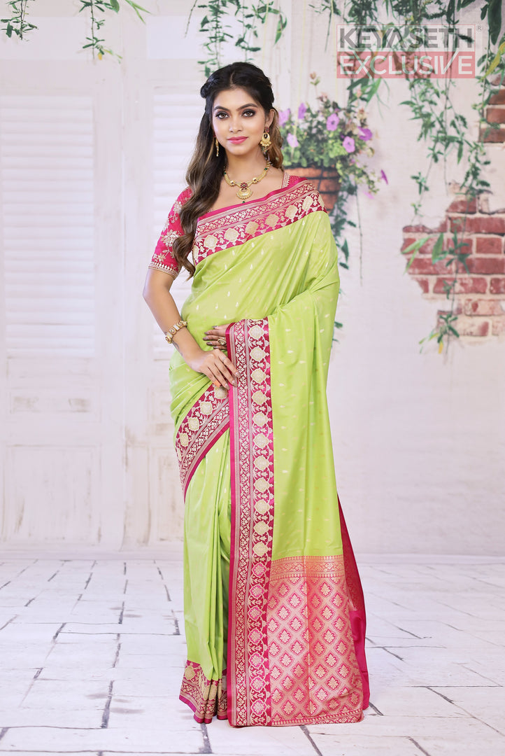 Green Semi Katan Silk Saree with Pink Border - Keya Seth Exclusive