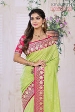 Load image into Gallery viewer, Green Semi Katan Silk Saree with Pink Border - Keya Seth Exclusive
