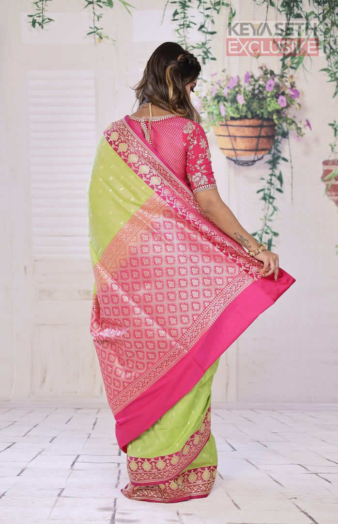 Green Semi Katan Silk Saree with Pink Border - Keya Seth Exclusive