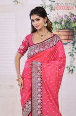 Load image into Gallery viewer, Pink Semi Katan Silk Saree with Maroon Border - Keya Seth Exclusive