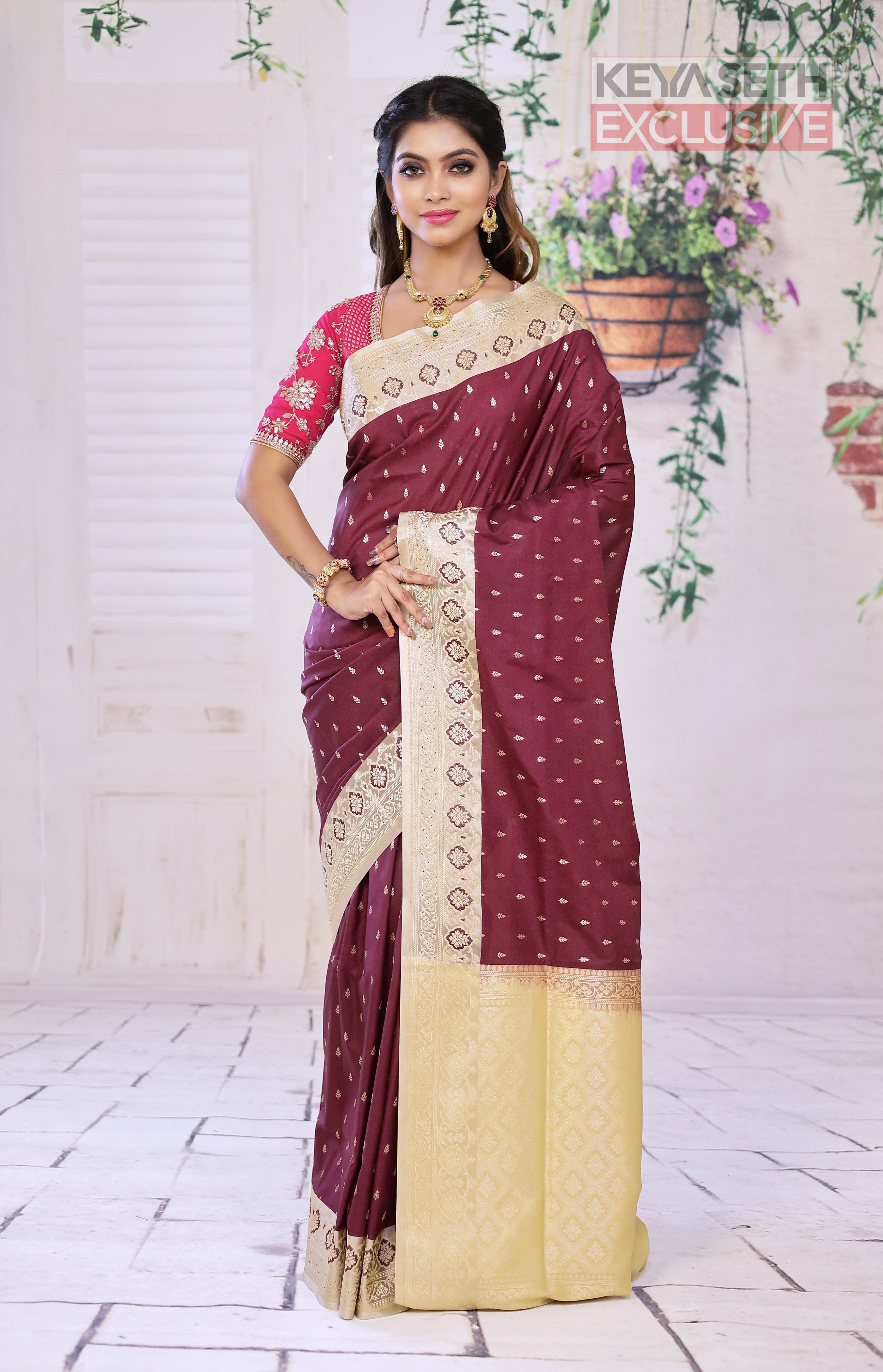 Wine Semi Katan Silk Saree with Beige Border - Keya Seth Exclusive