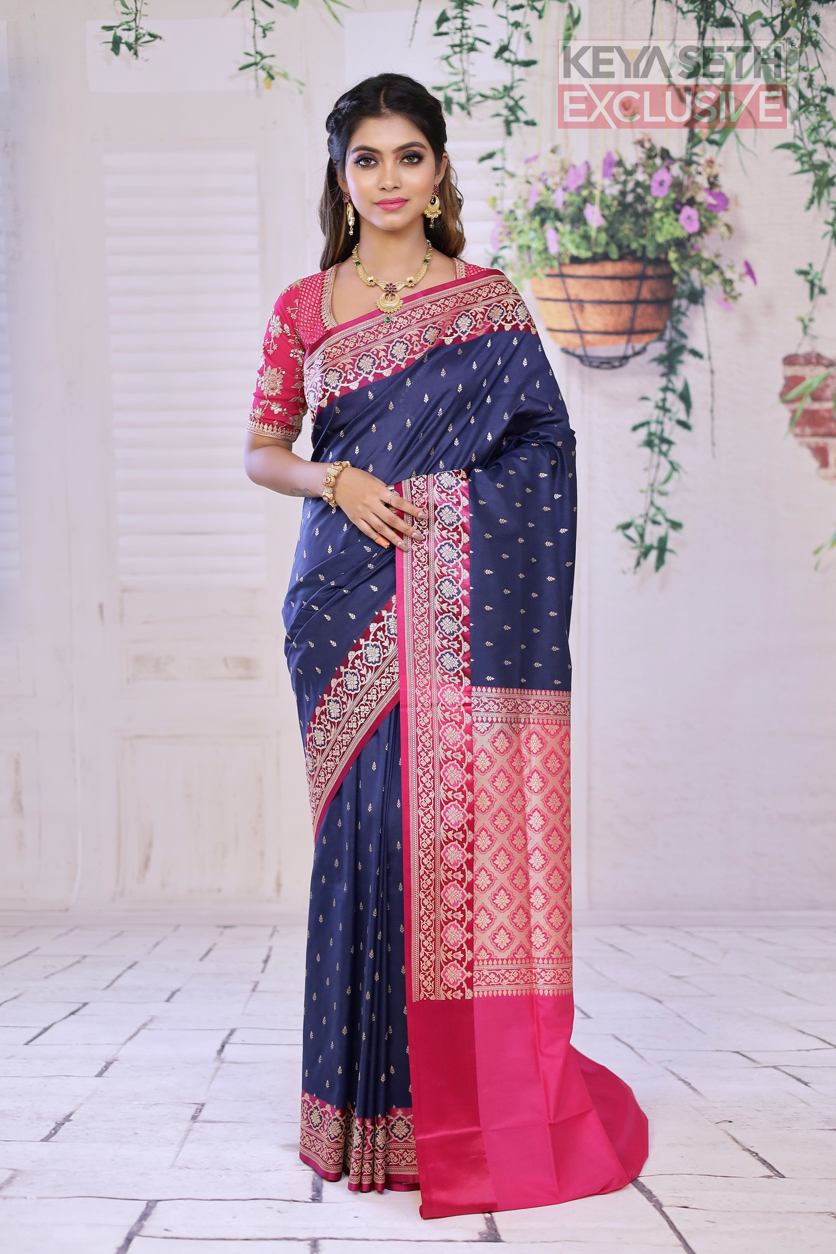 Navy Blue Semi Katan Silk Saree with Pink Border - Keya Seth Exclusive