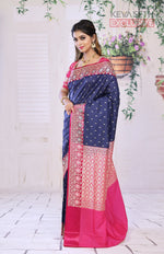 Load image into Gallery viewer, Navy Blue Semi Katan Silk Saree with Pink Border - Keya Seth Exclusive