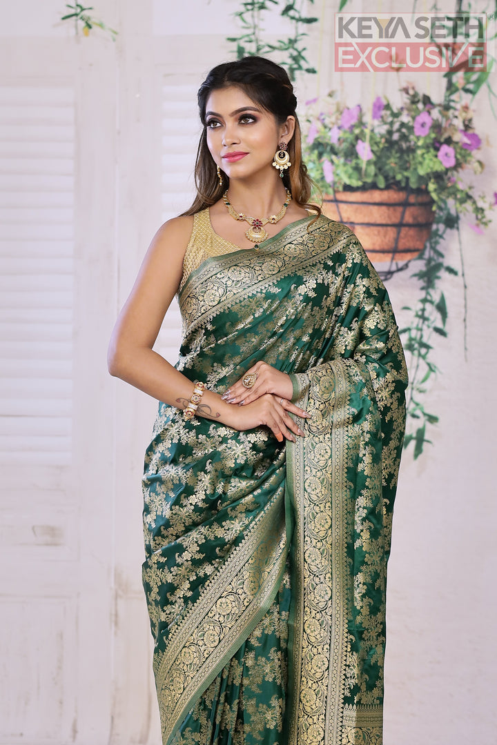 Deep Green Satin Silk Saree with Golden Zari - Keya Seth Exclusive