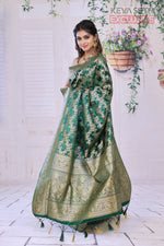 Load image into Gallery viewer, Deep Green Satin Silk Saree with Golden Zari - Keya Seth Exclusive
