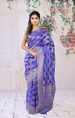 Load image into Gallery viewer, Royal Blue Satin Silk Saree with Golden Zari - Keya Seth Exclusive
