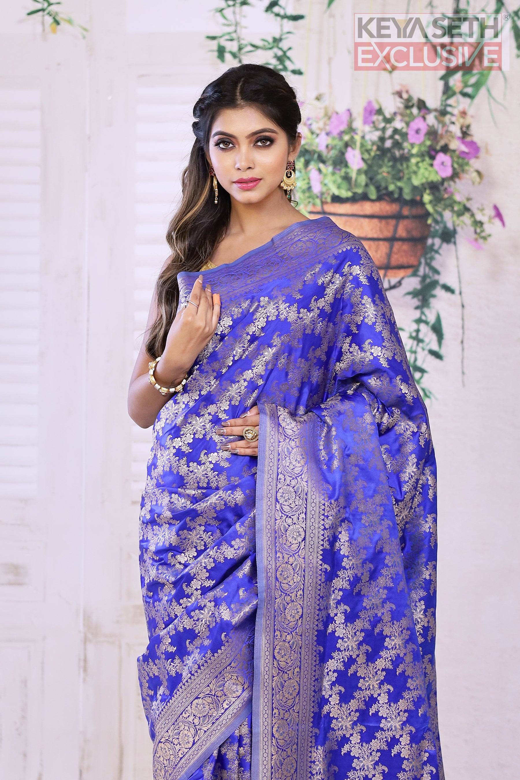 Royal Blue Satin Silk Saree with Golden Zari - Keya Seth Exclusive