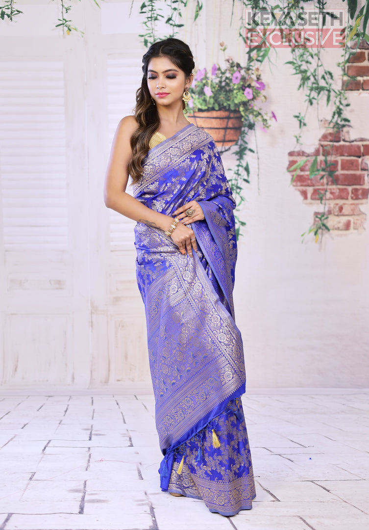 Royal Blue Satin Silk Saree with Golden Zari - Keya Seth Exclusive
