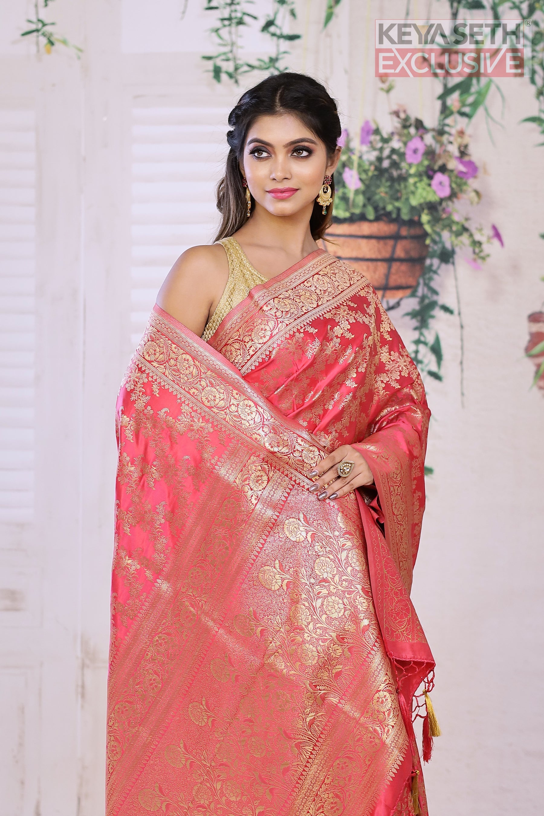 Peach Satin Silk Saree with Golden Zari - Keya Seth Exclusive