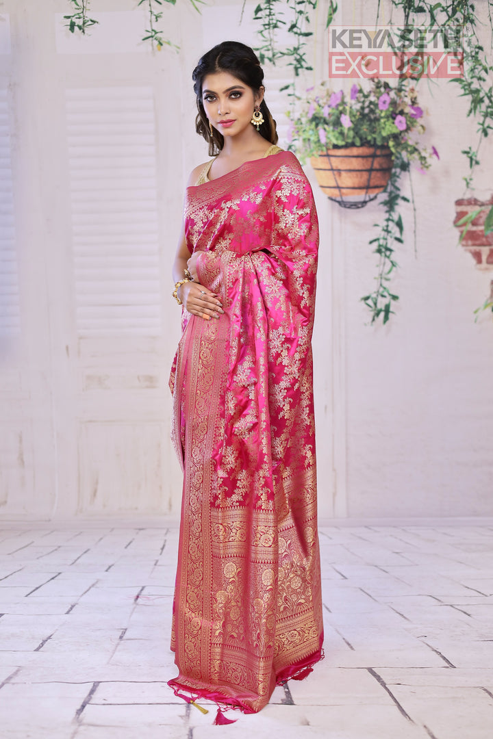 Pink Satin Silk Saree with Golden Zari - Keya Seth Exclusive