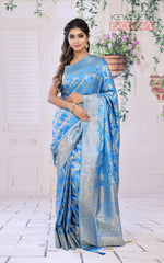 Load image into Gallery viewer, Blue Satin Silk Saree with Golden Zari - Keya Seth Exclusive
