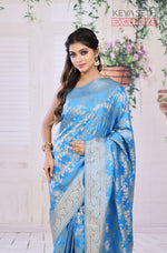 Load image into Gallery viewer, Blue Satin Silk Saree with Golden Zari - Keya Seth Exclusive