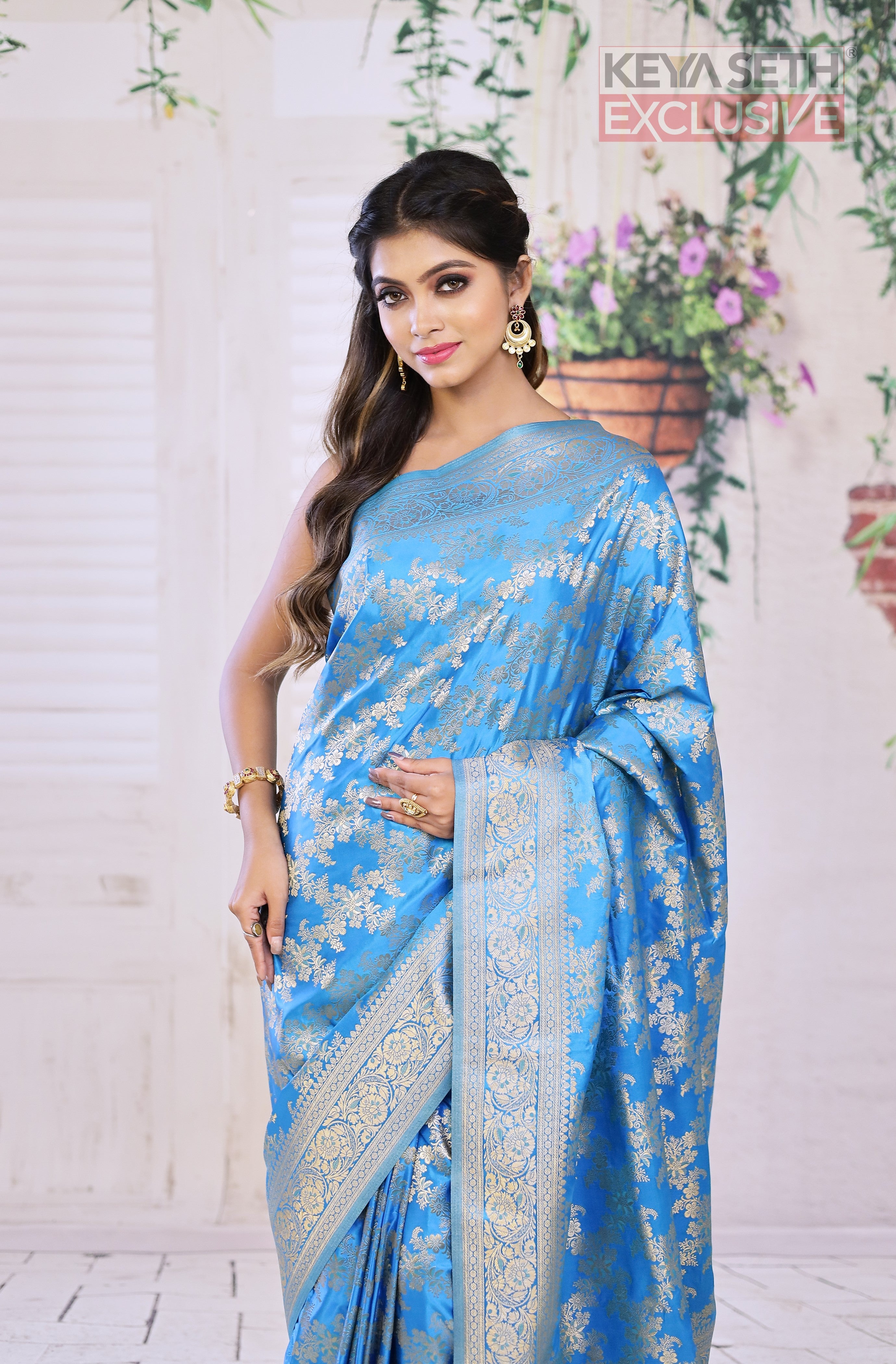 Blue Satin Silk Saree with Golden Zari - Keya Seth Exclusive