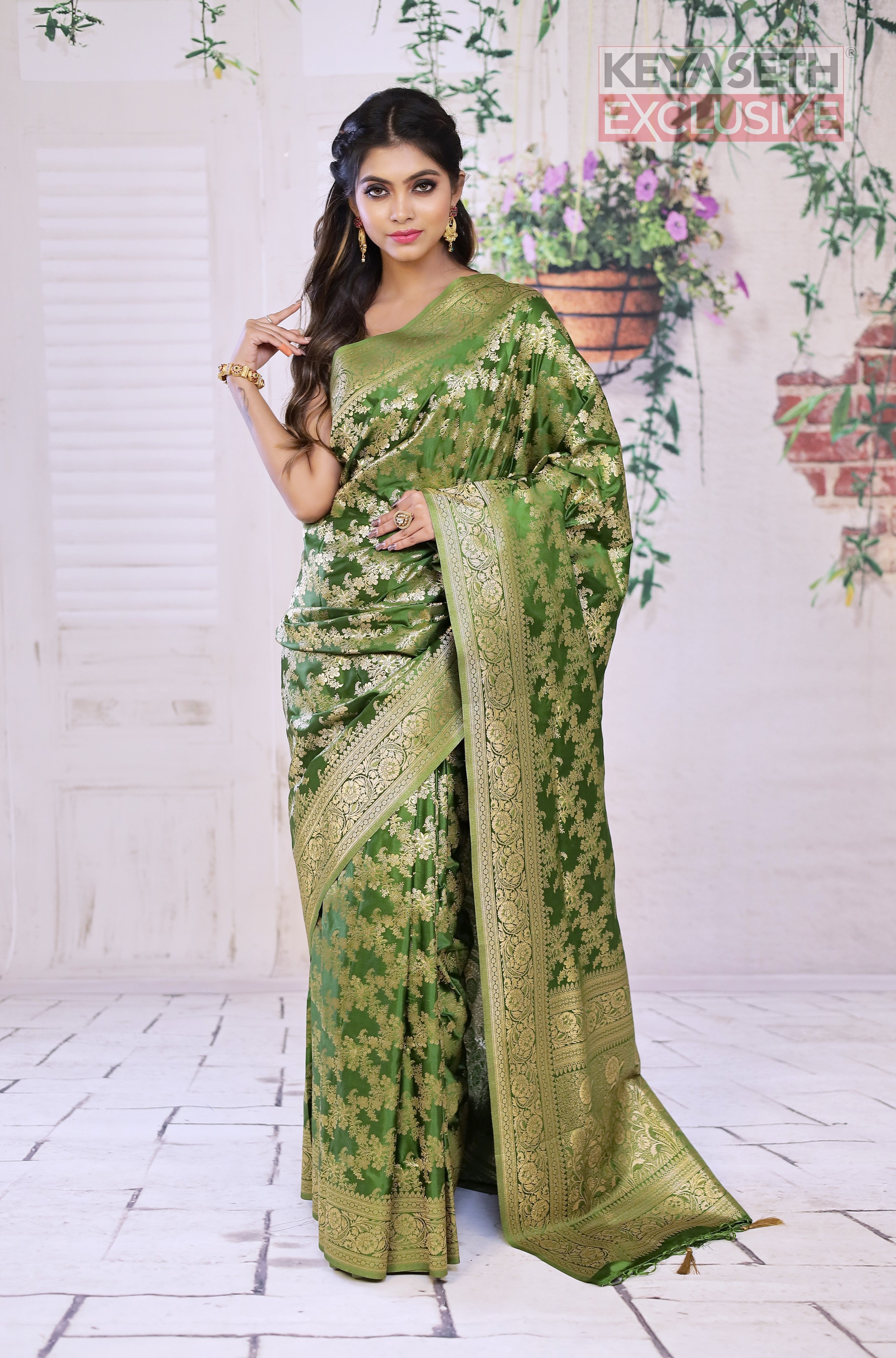 Leaf Green Satin Silk Saree with Golden Zari - Keya Seth Exclusive