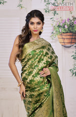 Load image into Gallery viewer, Leaf Green Satin Silk Saree with Golden Zari - Keya Seth Exclusive
