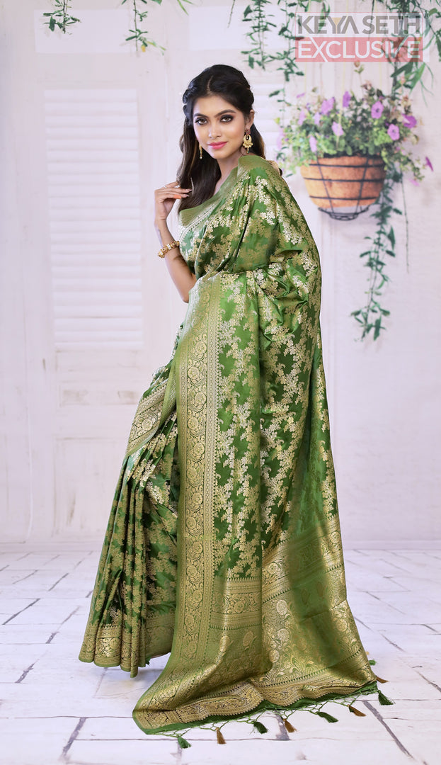 Leaf Green Satin Silk Saree with Golden Zari - Keya Seth Exclusive