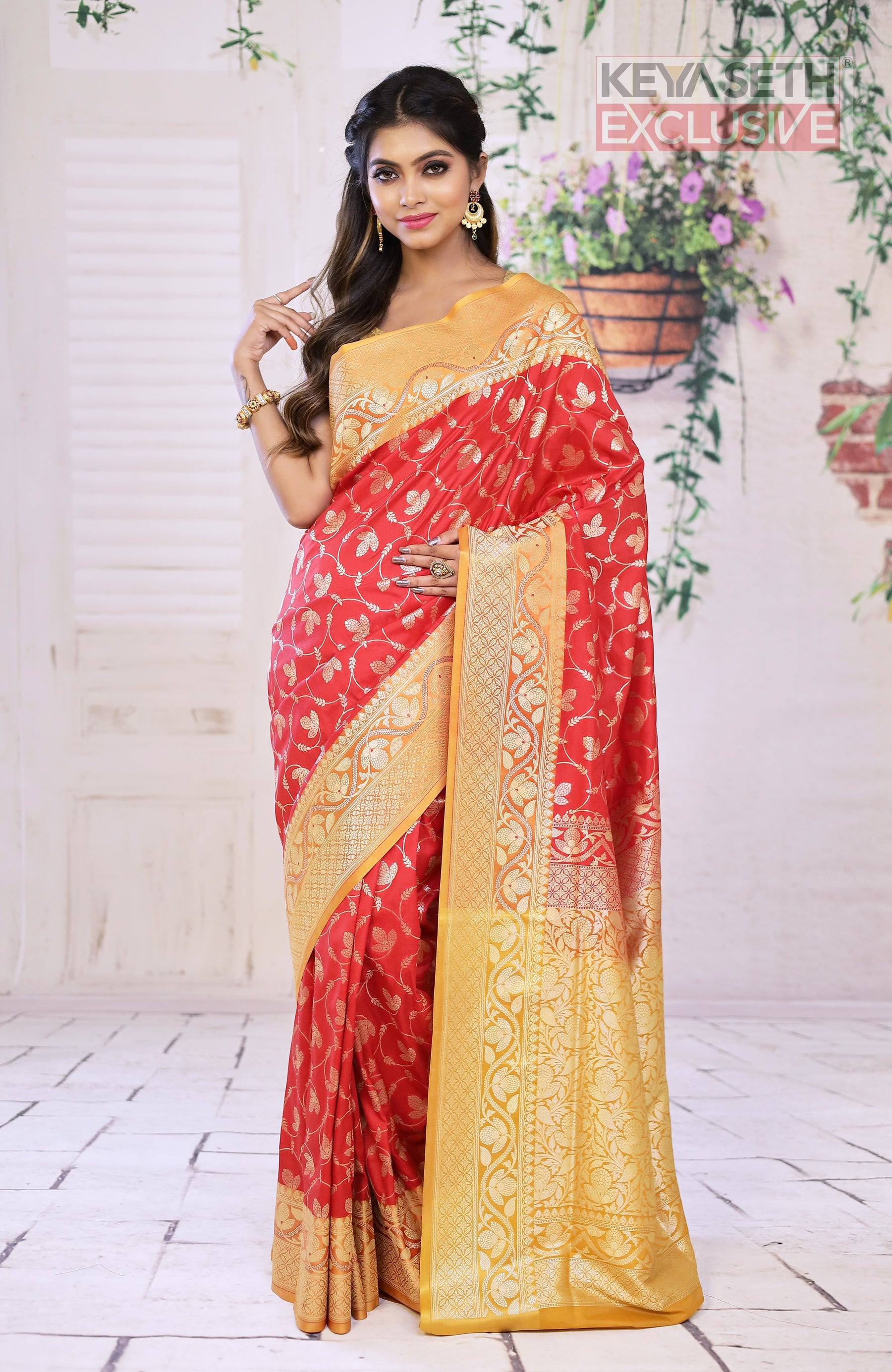 Red Semi Katan Saree with Dual Tone Yellow Border - Keya Seth Exclusive