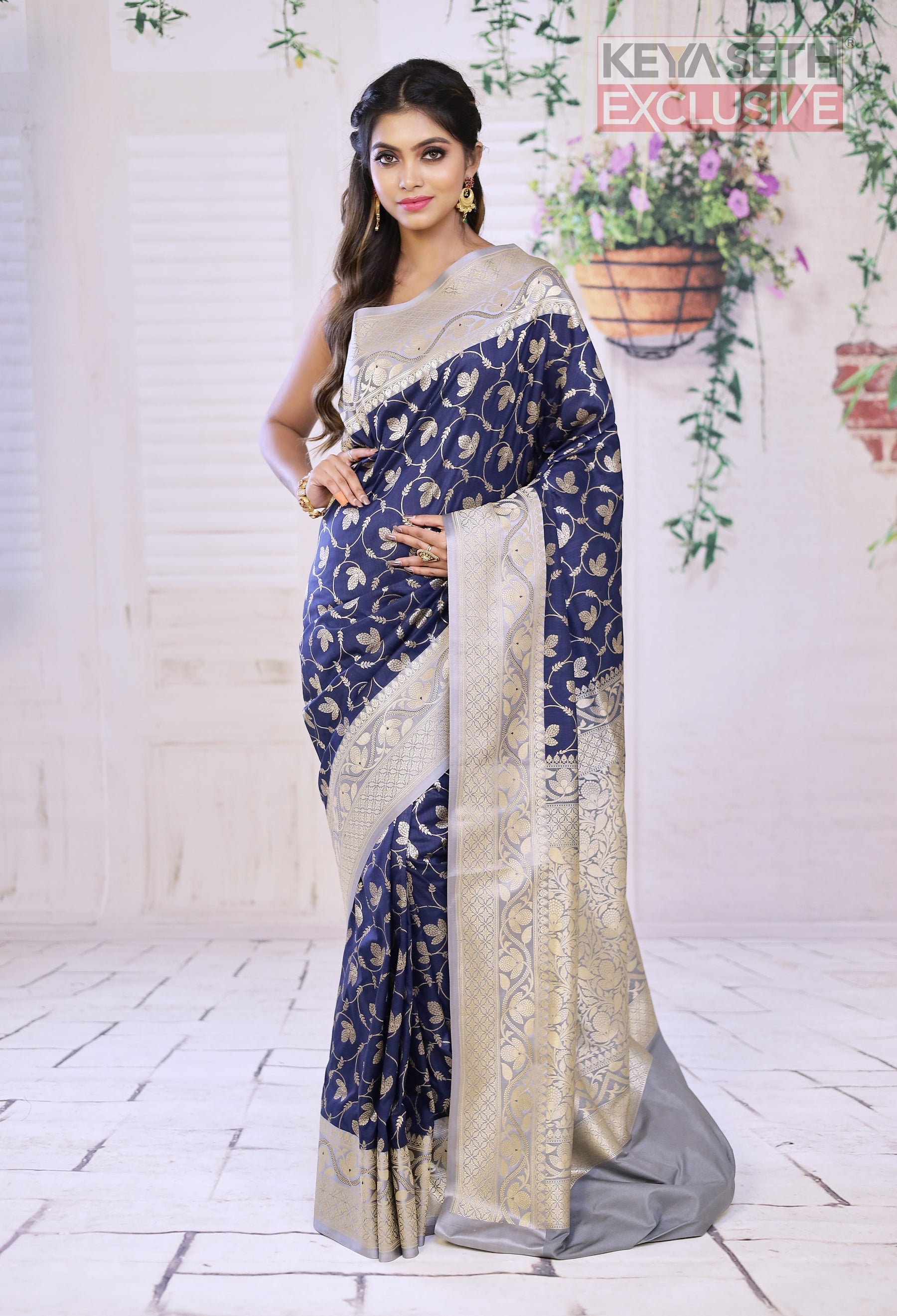 Blue Semi Katan Saree with Dual Tone Grey Border - Keya Seth Exclusive