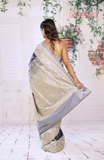 Load image into Gallery viewer, Blue Semi Katan Saree with Dual Tone Grey Border - Keya Seth Exclusive