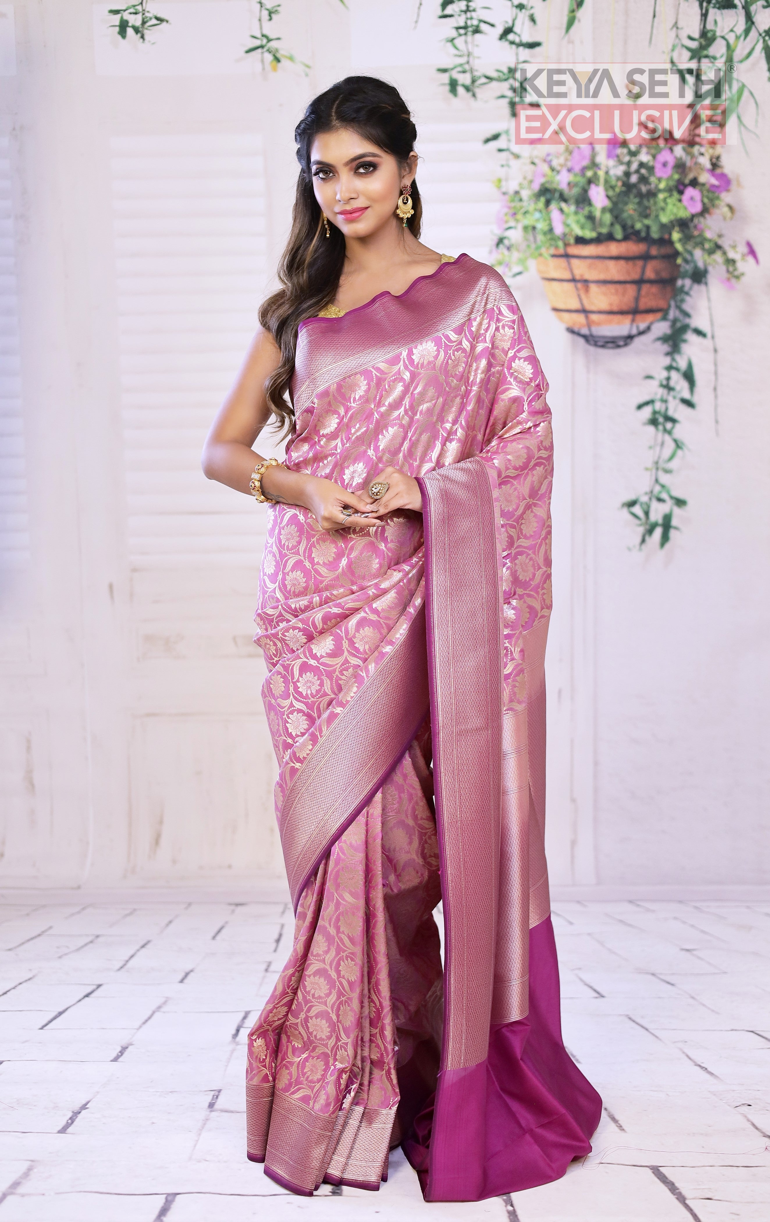 Shiny Pink Semi Katan Saree - Keya Seth Exclusive