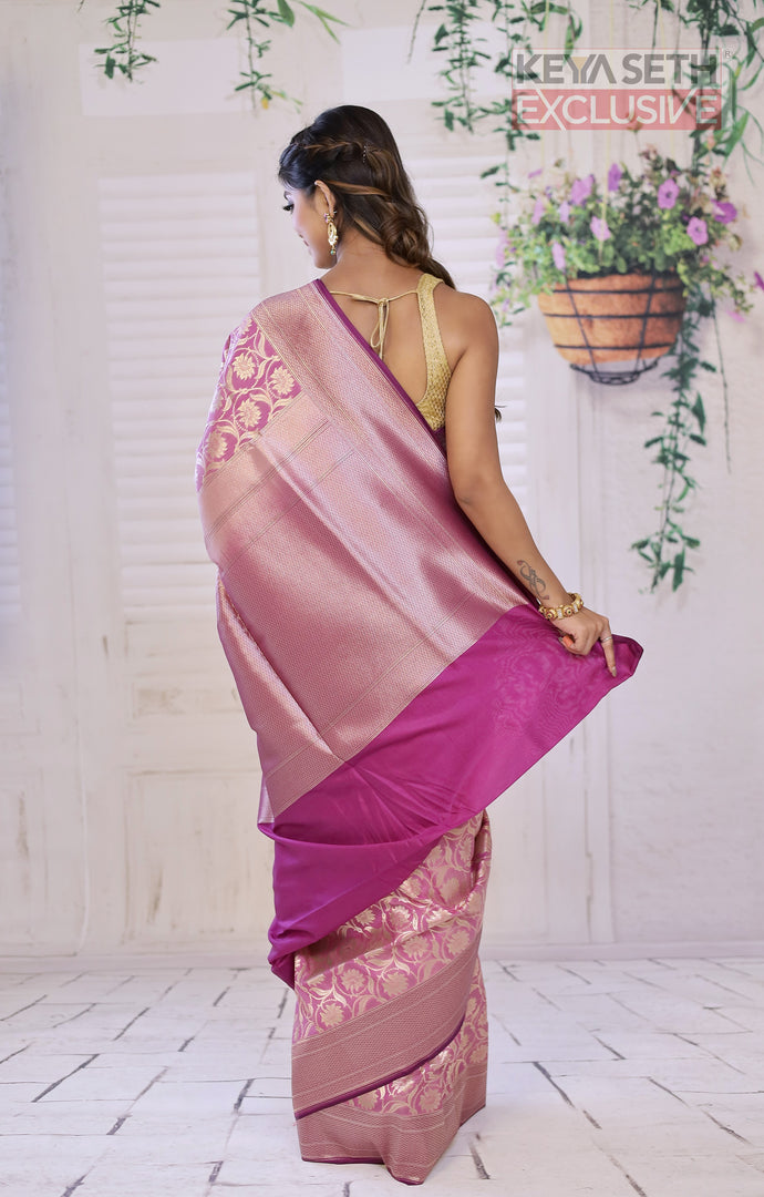 Shiny Pink Semi Katan Saree - Keya Seth Exclusive