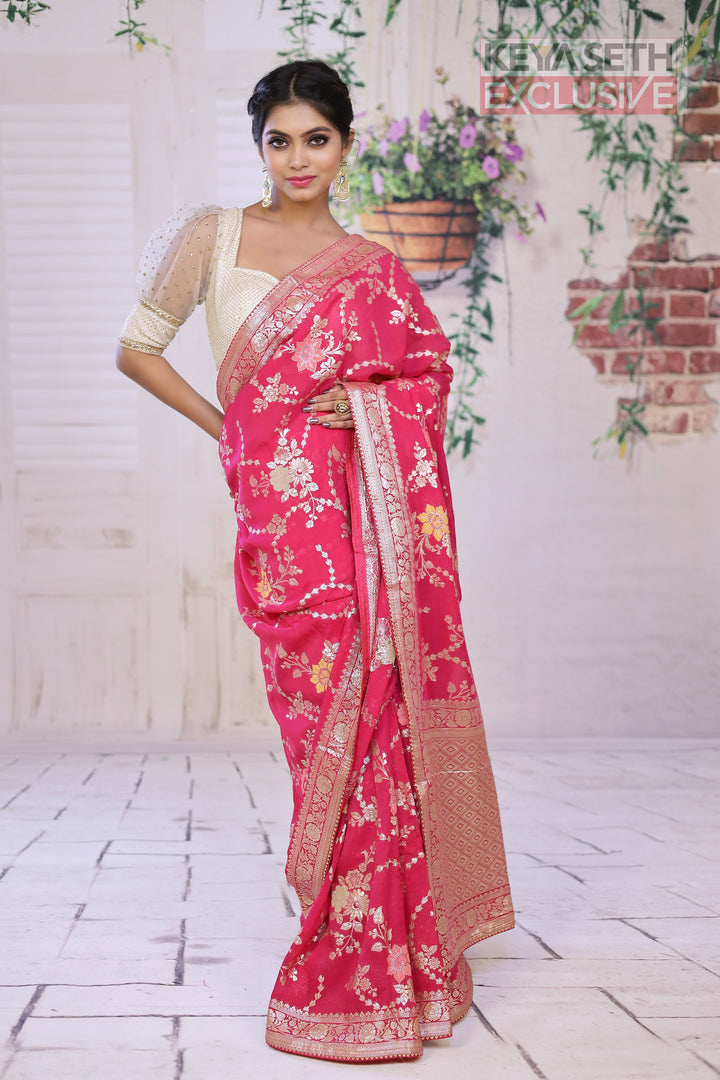 Designer Deep Pink Khaddi Georgette Saree - Keya Seth Exclusive