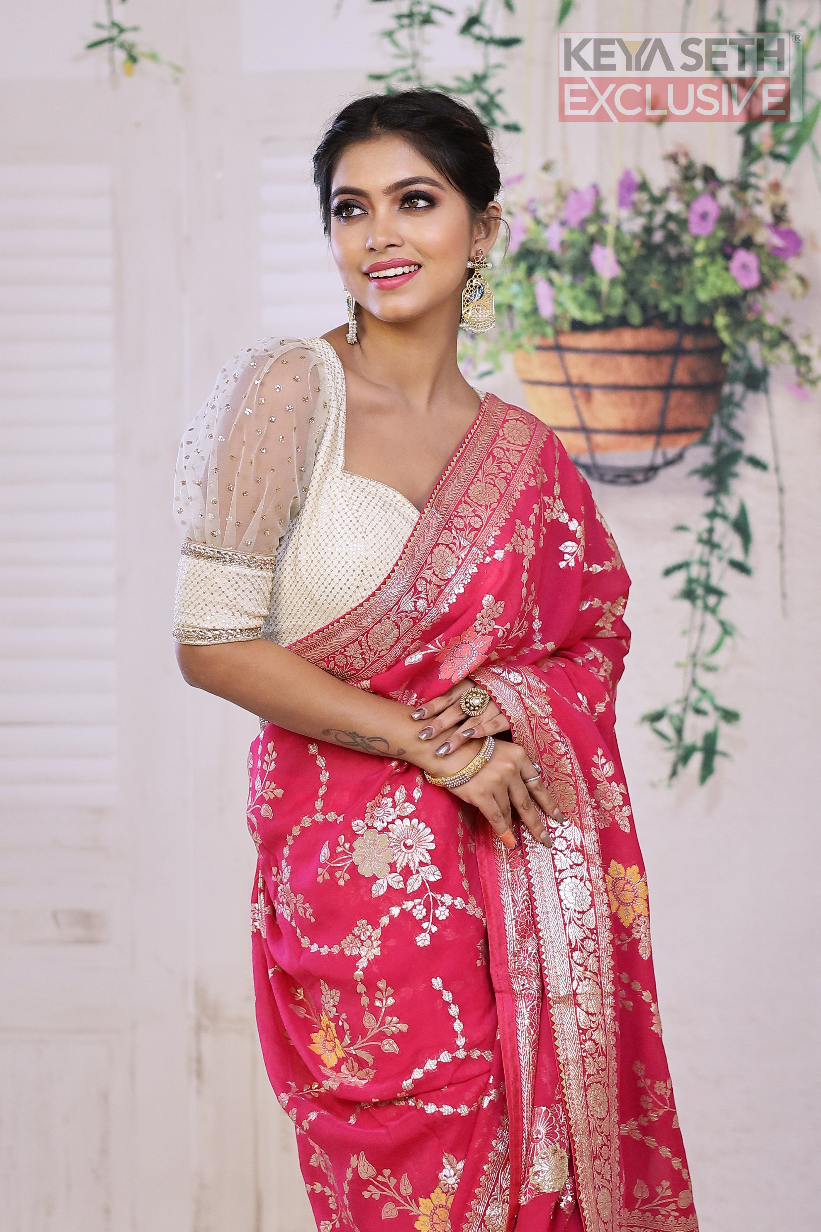 Designer Deep Pink Khaddi Georgette Saree - Keya Seth Exclusive