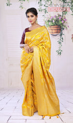 Load image into Gallery viewer, Yellow Satin Silk Saree with Golden Zari - Keya Seth Exclusive
