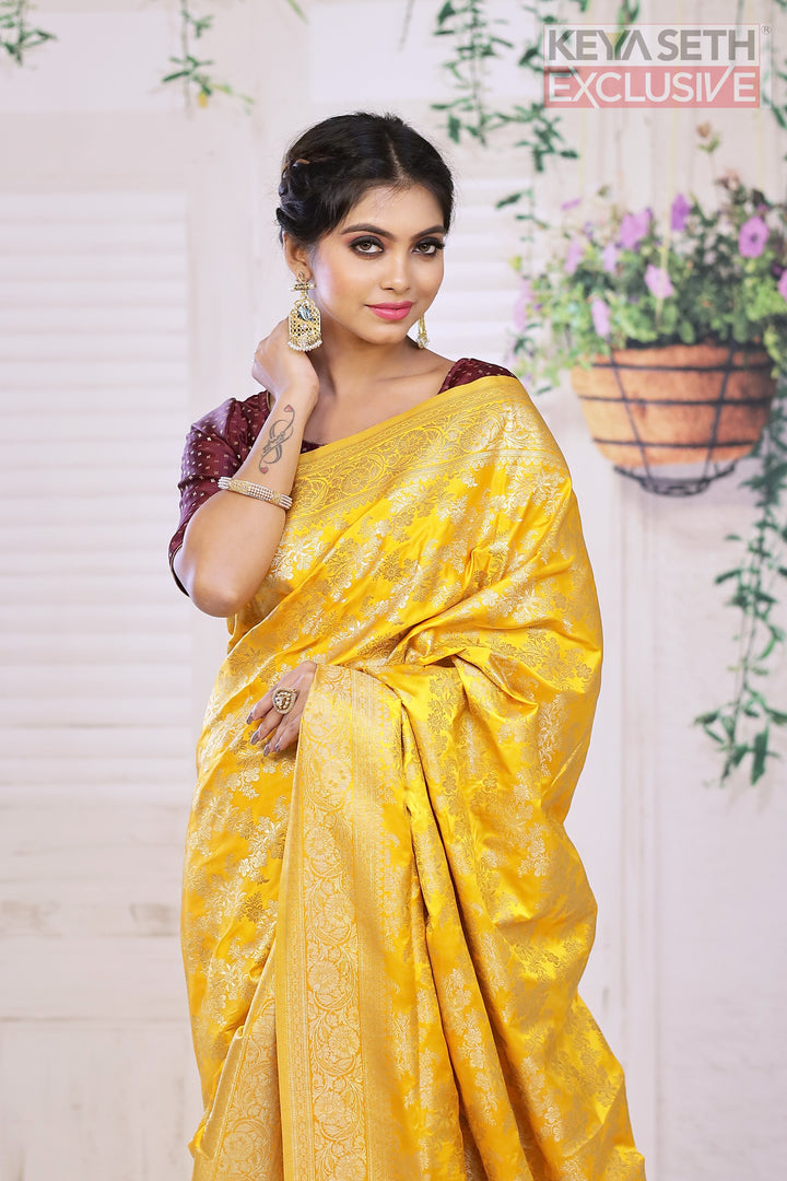 Yellow Satin Silk Saree with Golden Zari - Keya Seth Exclusive