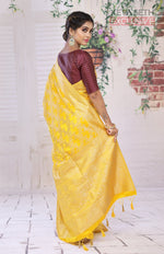 Load image into Gallery viewer, Yellow Satin Silk Saree with Golden Zari