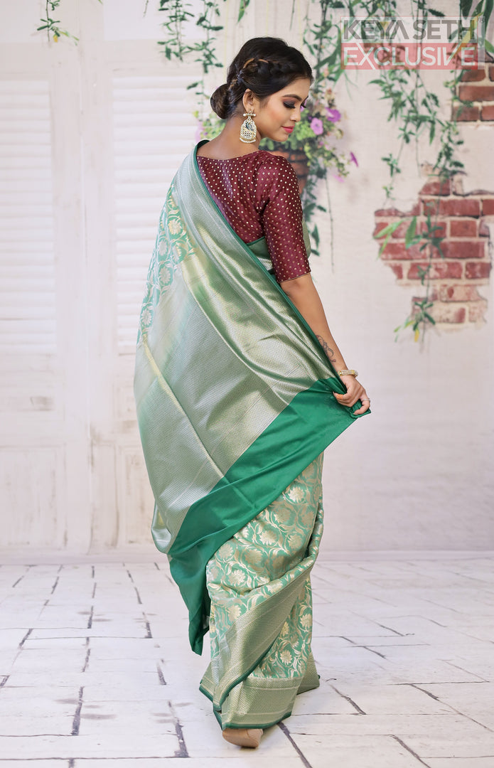 Shiny Green Semi Katan Saree - Keya Seth Exclusive
