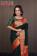 Load image into Gallery viewer, Deep Green Matka Saree with Red Border - Keya Seth Exclusive
