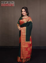 Load image into Gallery viewer, Deep Green Matka Saree with Red Border - Keya Seth Exclusive
