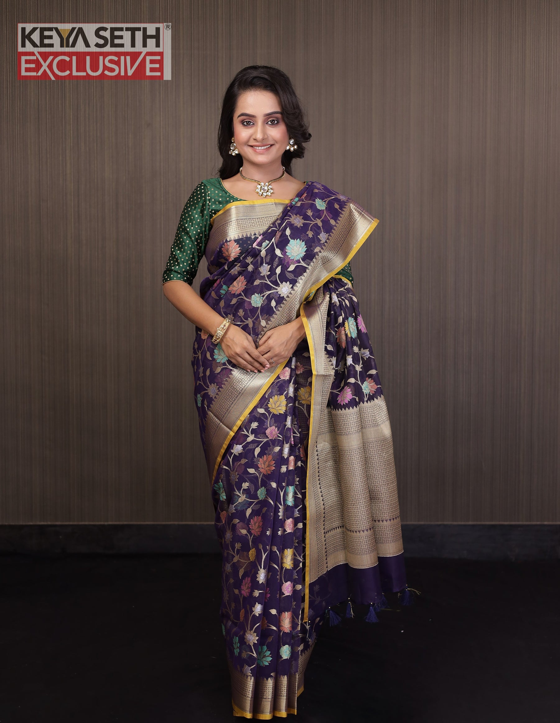 Purple Minakari Organza Saree with Yellow Border - Keya Seth Exclusive