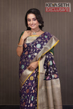Load image into Gallery viewer, Purple Minakari Organza Saree with Yellow Border - Keya Seth Exclusive
