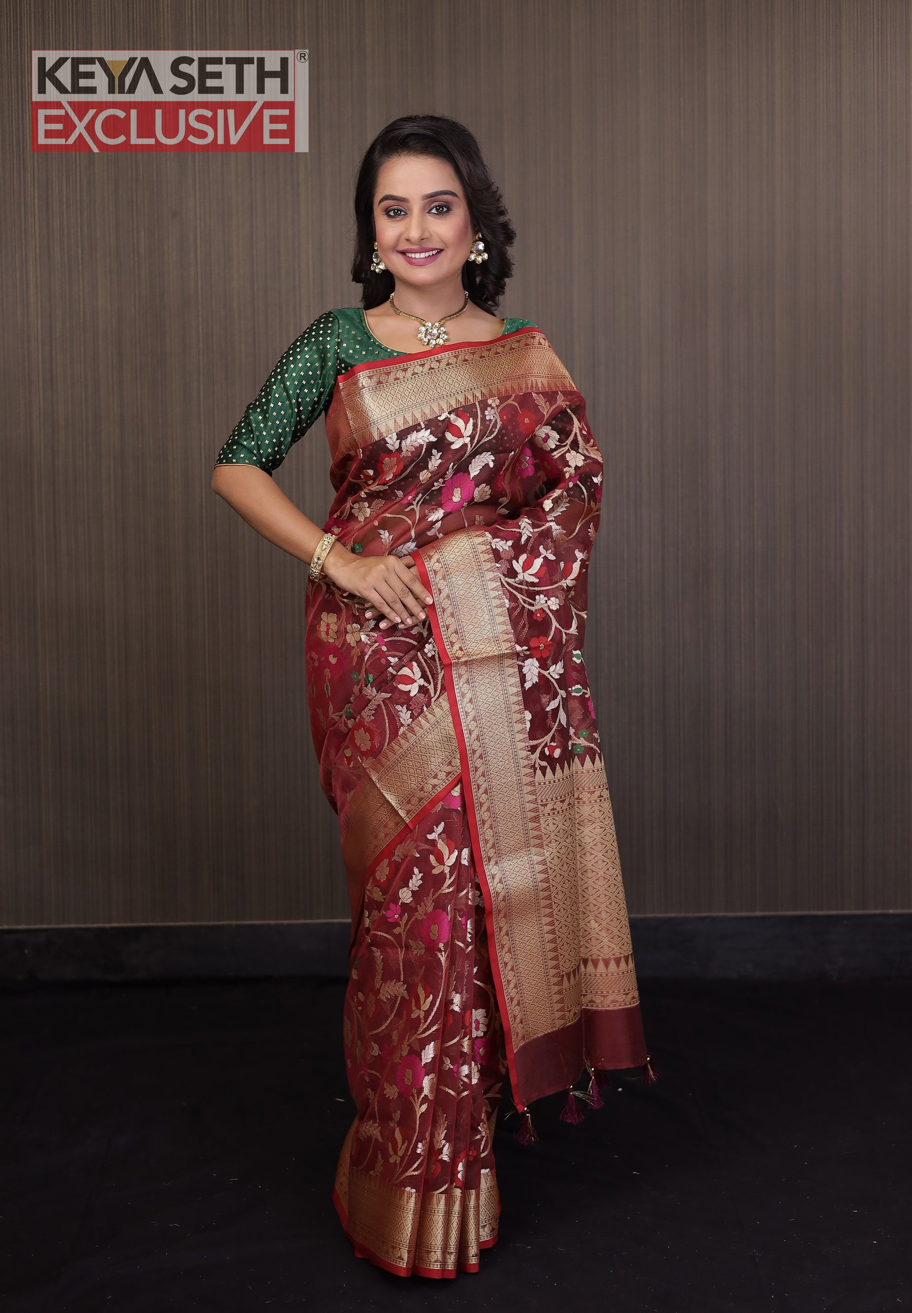 Maroon Minakari Organza Saree with Red Border - Keya Seth Exclusive