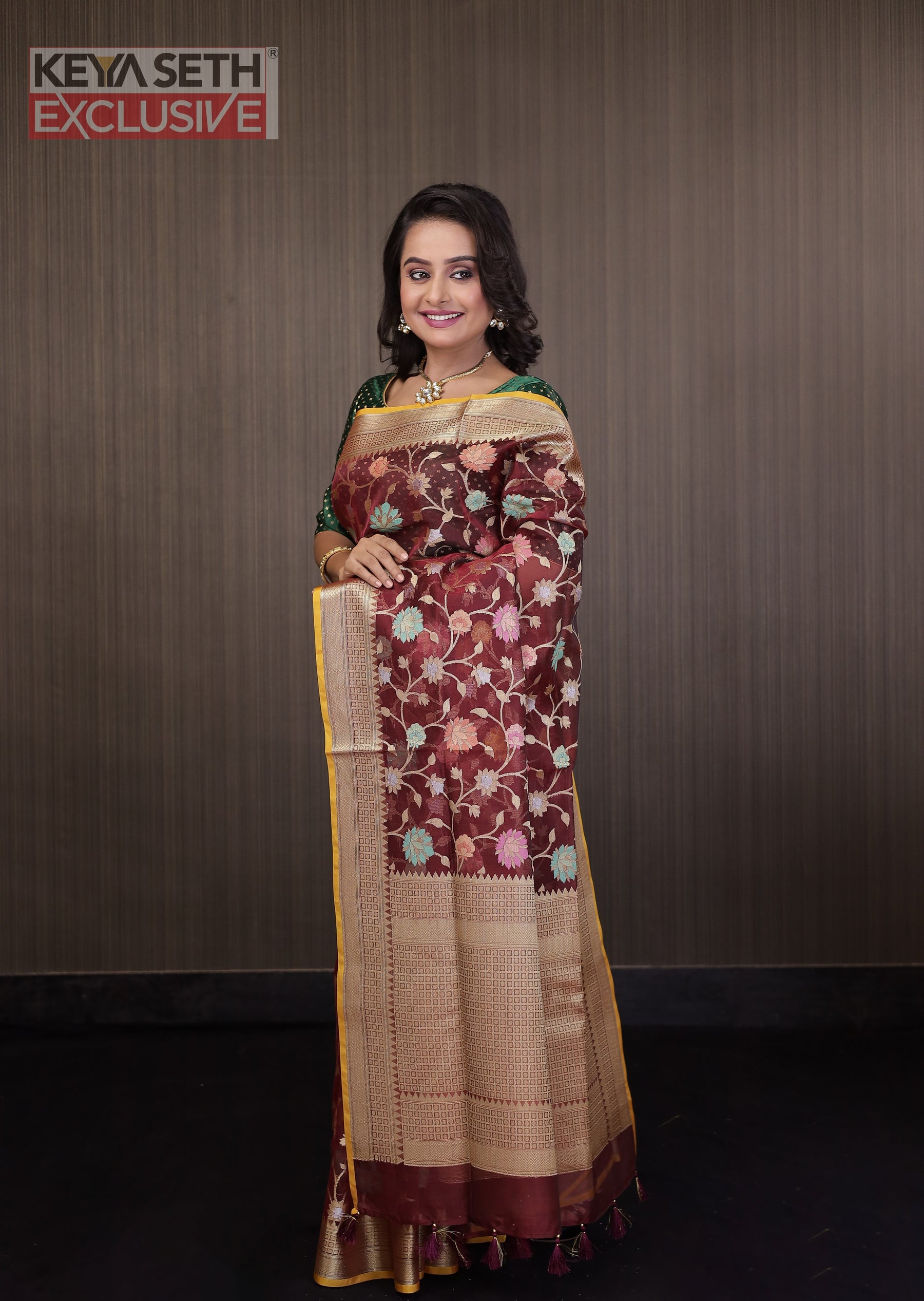 Brown Minakari Organza Saree with Yellow Border - Keya Seth Exclusive