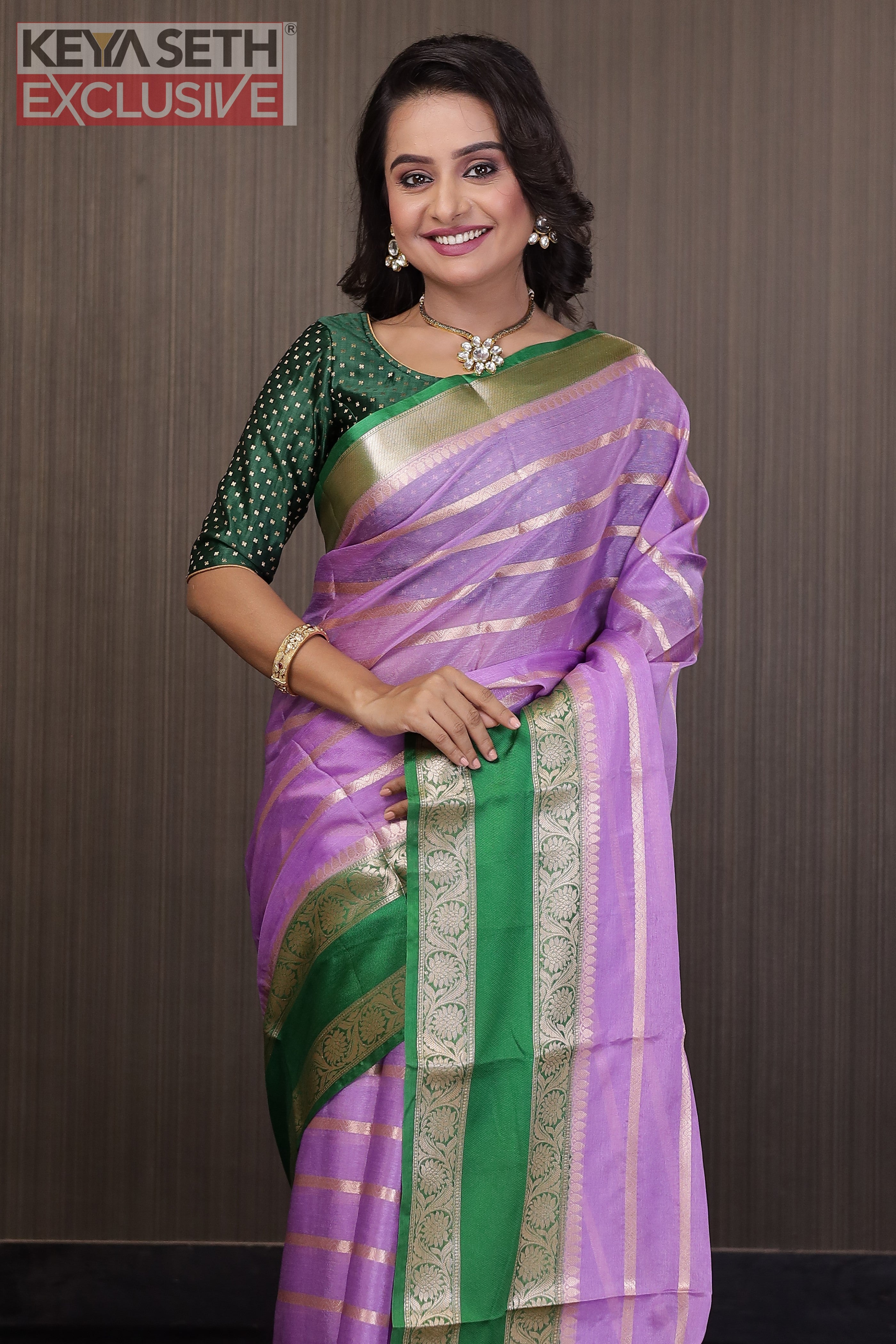 Lavender and Green Chanderi Silk Saree - Keya Seth Exclusive