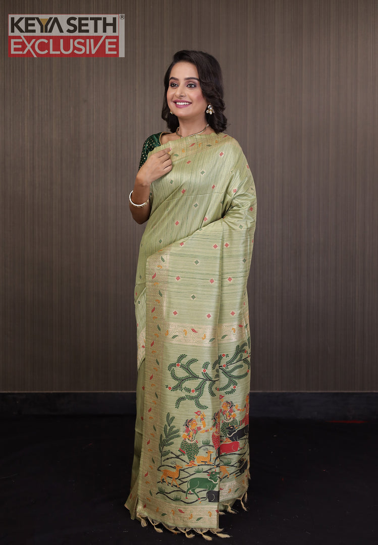 Pesta Green Pattachitra Tussar Silk Saree - Keya Seth Exclusive
