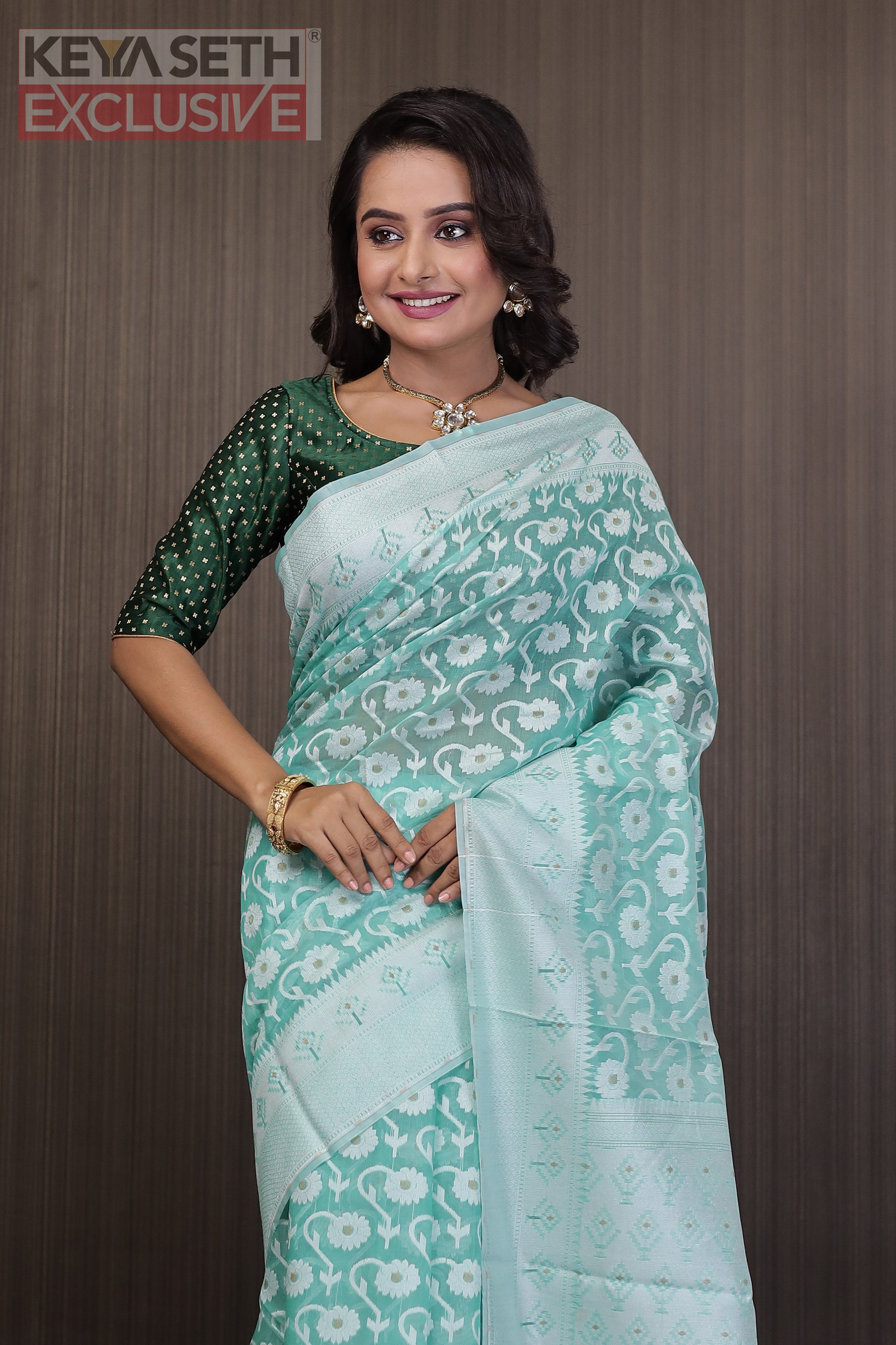 Sea Green Soft Cotton Jamdani Saree - Keya Seth Exclusive