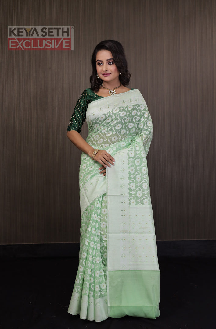 Pesta Green Soft Cotton Jamdani Saree - Keya Seth Exclusive
