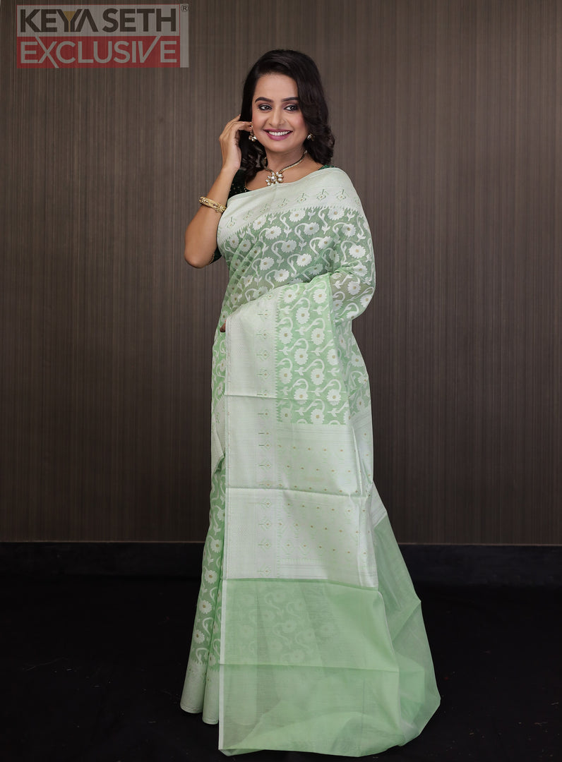 Pesta Green Soft Cotton Jamdani Saree - Keya Seth Exclusive