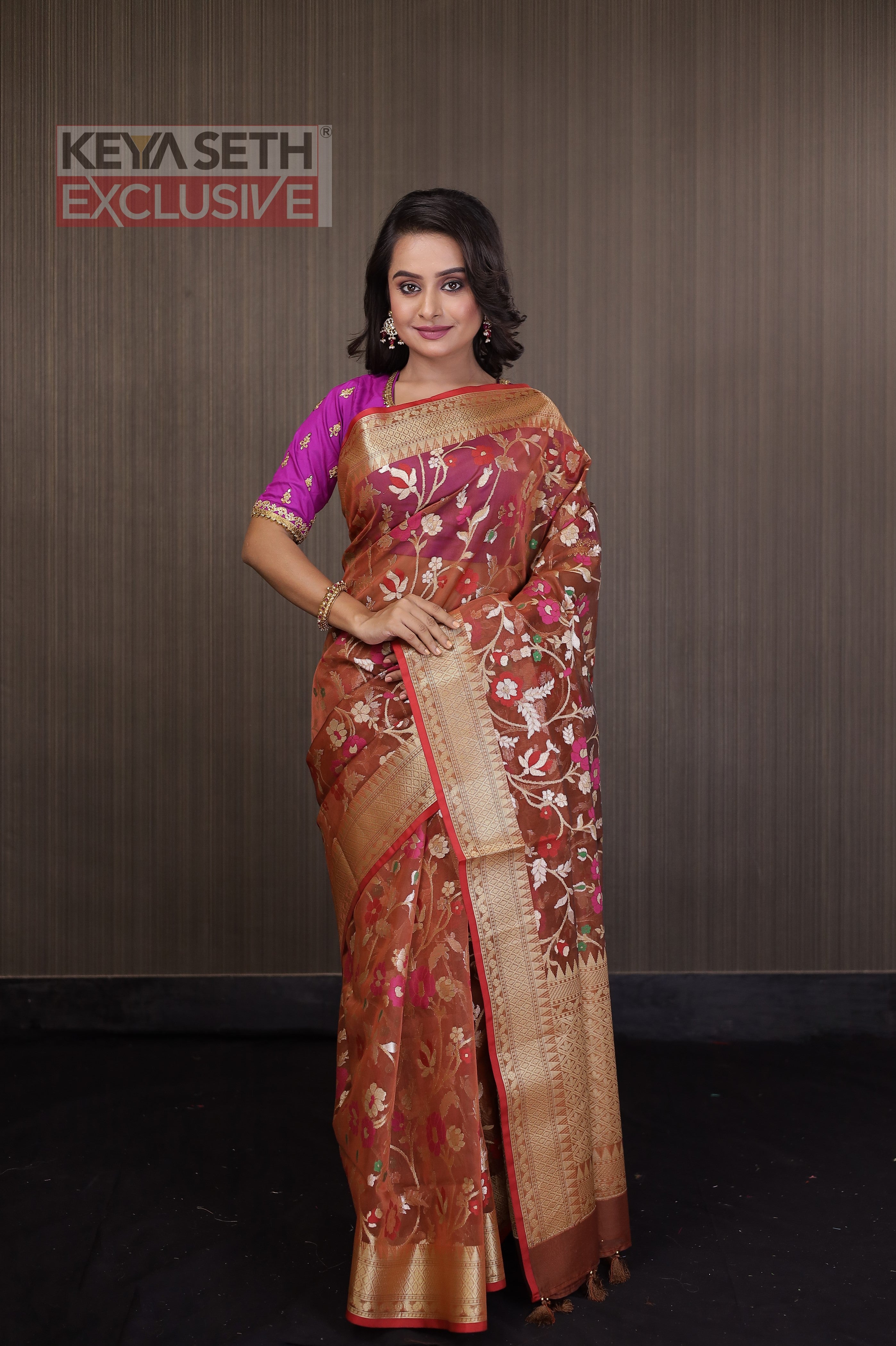 Brown Minakari Organza Saree with Red Border - Keya Seth Exclusive