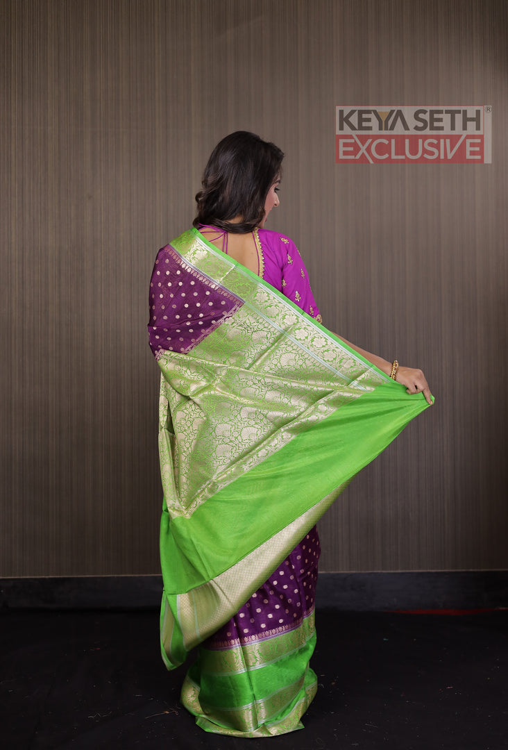 Magenta Soft Chanderi Silk Saree with Parrot Green Border - Keya Seth Exclusive