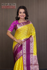 Load image into Gallery viewer, Lemon Yellow Soft Chanderi Silk Saree with Magenta Border - Keya Seth Exclusive