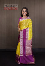 Load image into Gallery viewer, Lemon Yellow Soft Chanderi Silk Saree with Magenta Border - Keya Seth Exclusive
