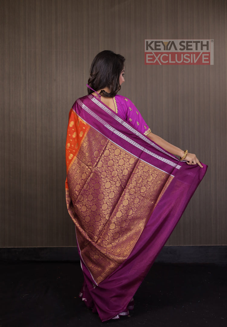 Orange Soft Chanderi Silk Saree with Magenta Border - Keya Seth Exclusive